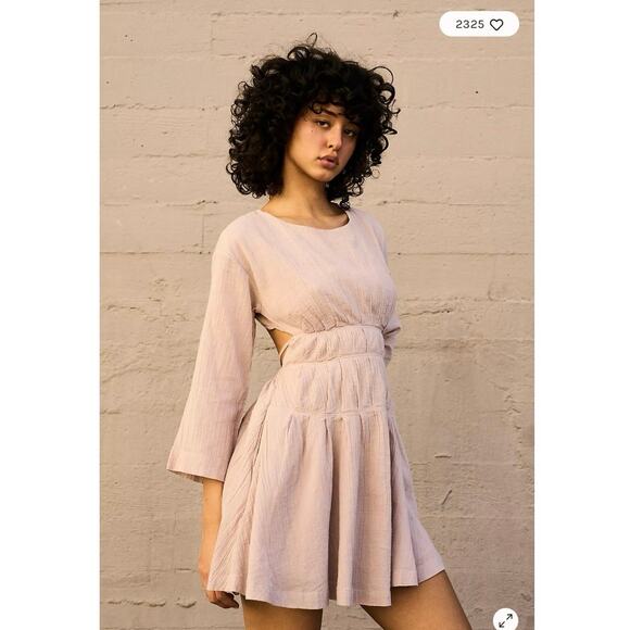 Free People Womens Prettiest Pleats Gauzy Mini Long Sleeve Dress Sz Small Taupe - Picture 1 of 7